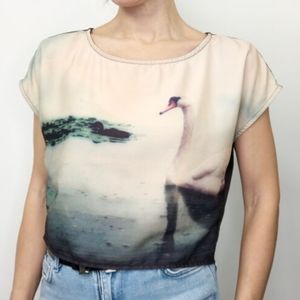 H&M Cropped Blouse with Swan and Buttons on Back. Size: Small